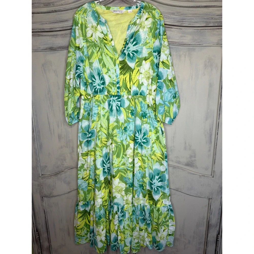 Beautiful by Lawrence Zarian Green Floral Cotton Maxi Dress V-Neck L A646319 - Picture 2 of 7